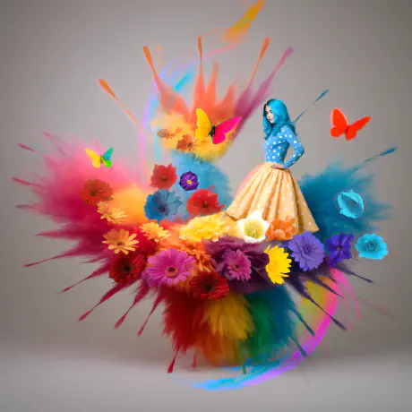 Vibrant Woman & Dynamic Bloom A woman in a yellow and blue polka dot dress surrounded by colorful flowers and butterflies.