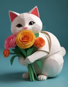 Paper Flower Cat A white cat holding a bunch of flowers in paper craft style.