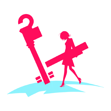 A silhouette of a woman carrying a large shape, standing next to the silhouette of an abstract location marker on the silhouette of an abstract section of land.