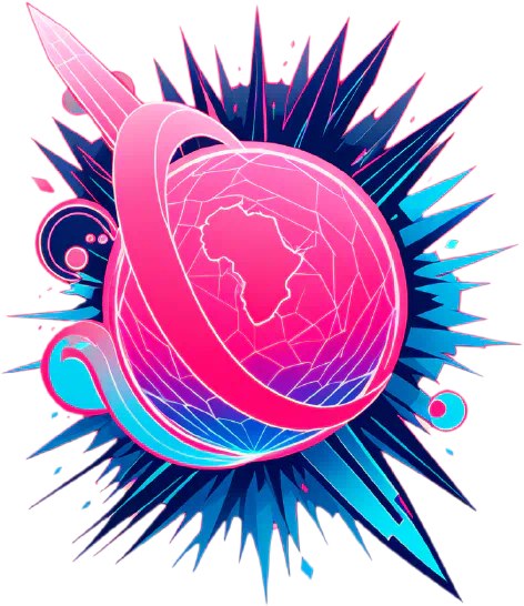 A pink and blue abstract design with a globe in the middle.